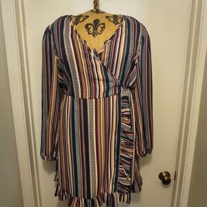 Striped Faux Wrap Dress with Ruffle Hem